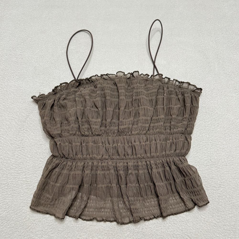 aster Cami Top Womens Large Brown Smocked Ruffle Mesh Peasant Cottagecore